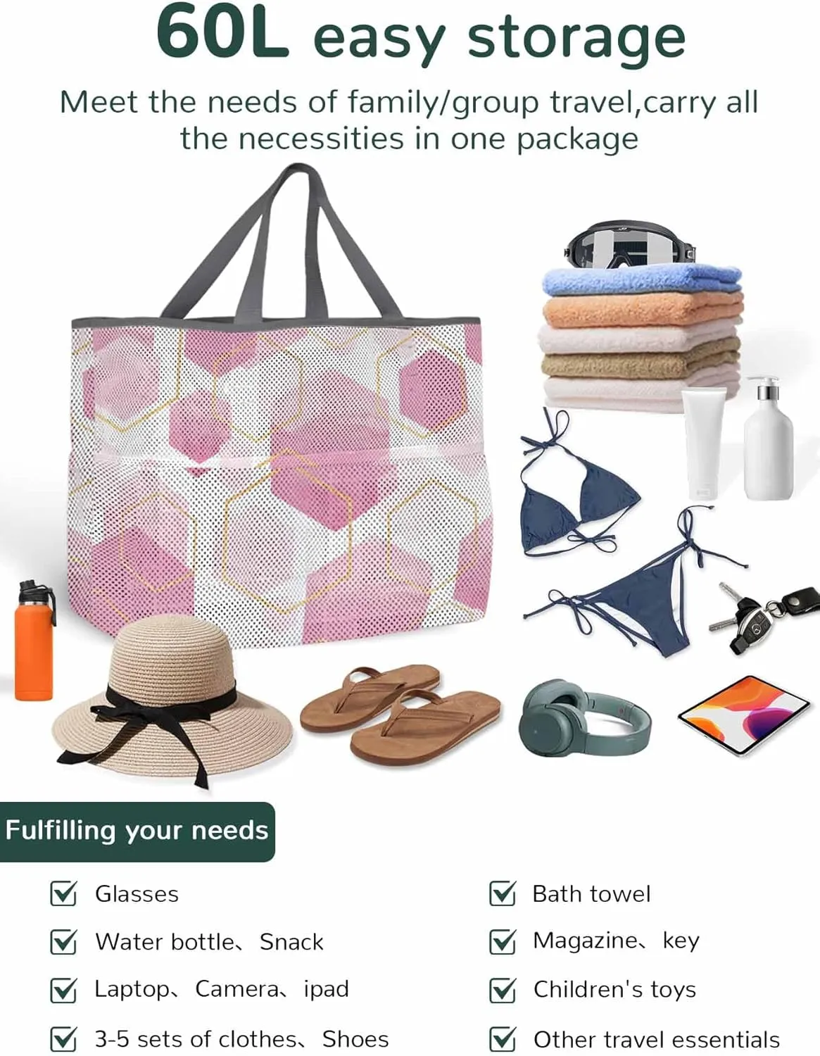 Mesh Beach Bag Oversized Tote Bags for Women Pink Gradient Grid Hexagon Large Travel Pool Bags with 8 Pockets