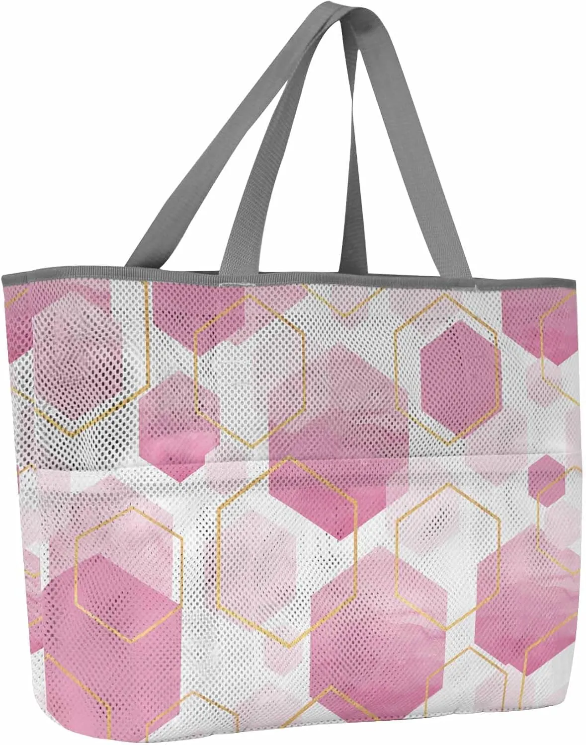 Mesh Beach Bag Oversized Tote Bags for Women Pink Gradient Grid Hexagon Large Travel Pool Bags with 8 Pockets