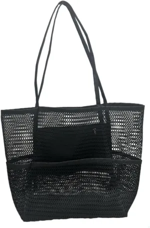 Mesh Beach Bag Shoulder Bags for Women With 5 Pockets Packable Boho Mesh Pool Bag for Swimming Travel Shopping
