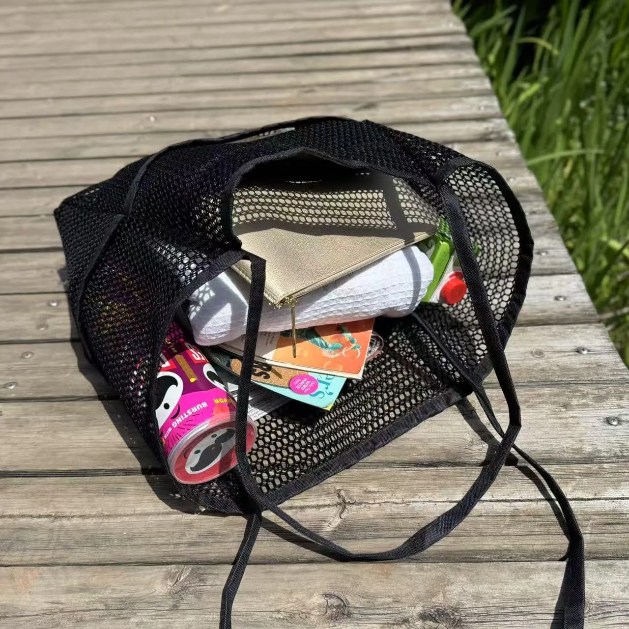Mesh Beach Bag Shoulder Bags for Women With 5 Pockets Packable Boho Mesh Pool Bag for Swimming Travel Shopping