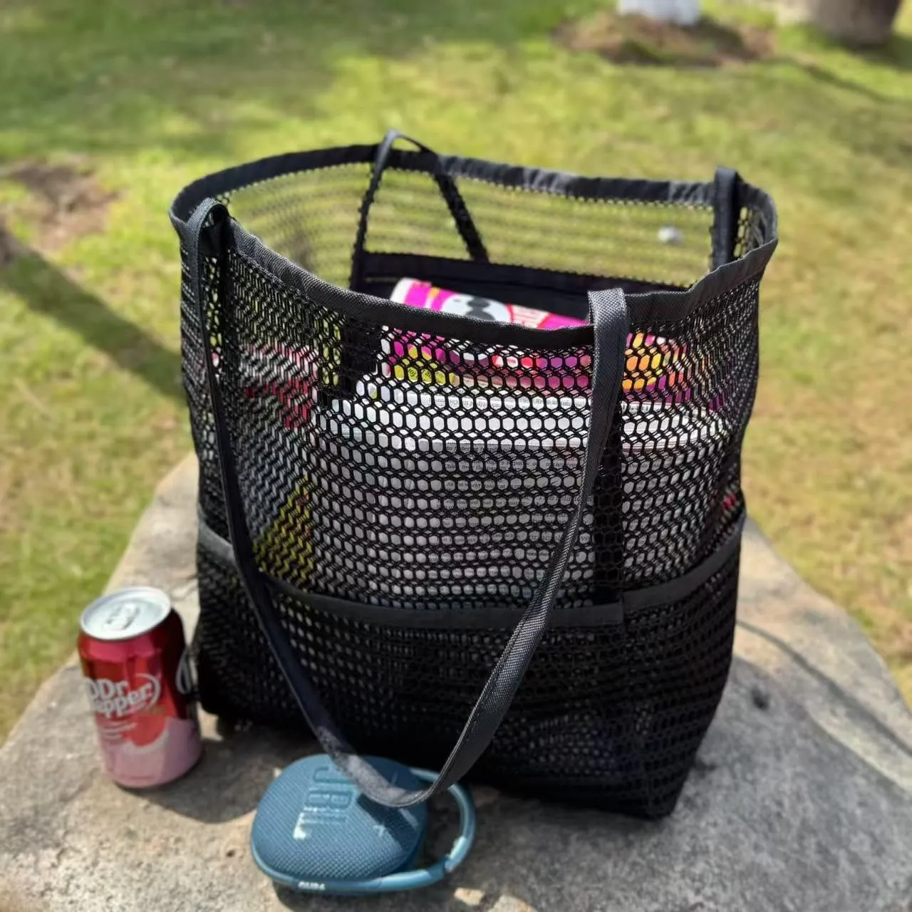 Mesh Beach Bag Shoulder Bags for Women With 5 Pockets Packable Boho Mesh Pool Bag for Swimming Travel Shopping