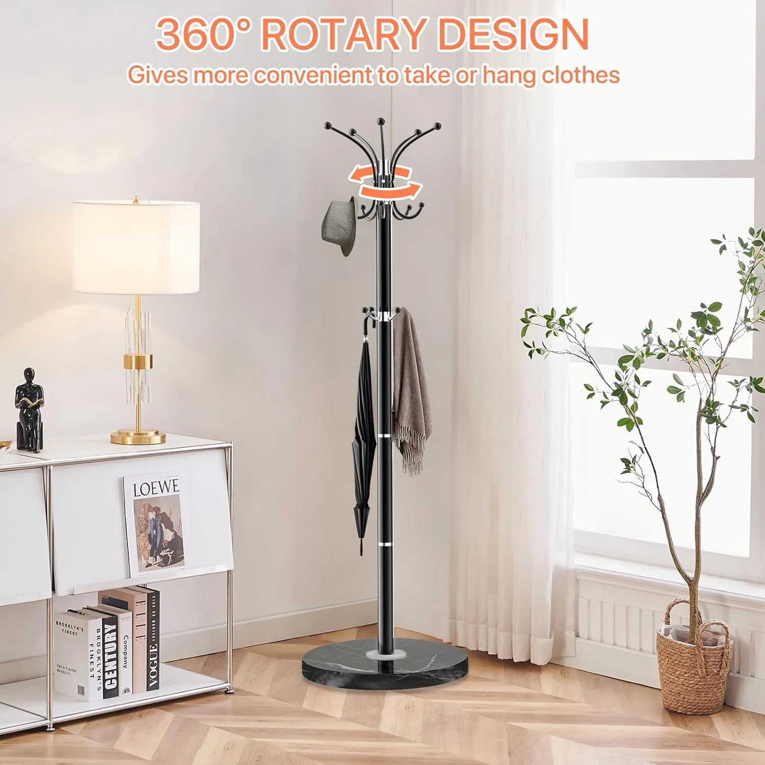 Metal Coat Rack Stand, Modern Coat Rack Freestanding with Natural Marble Base, 360° Rotary Design Coat Racks with 14 Hooks, Coat Tree for Bags, Hats, Entryway, Office