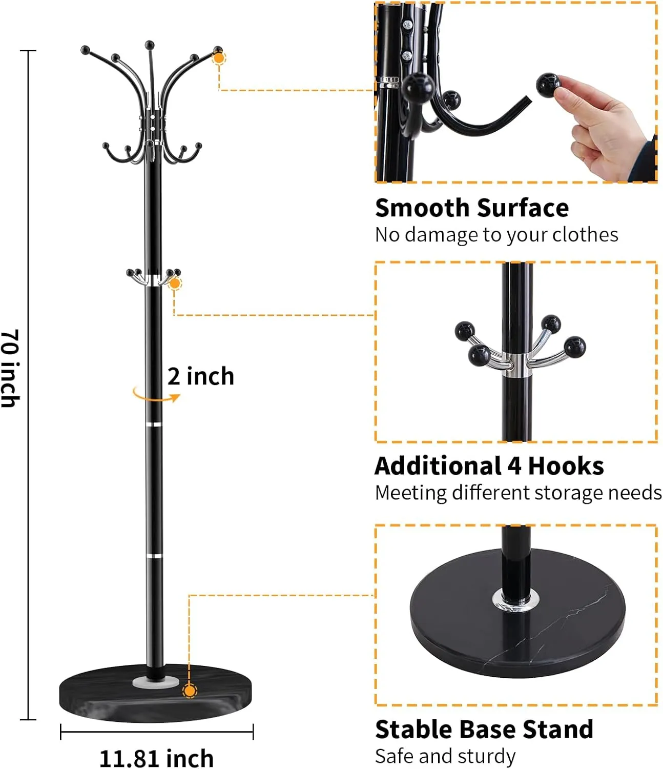 Metal Coat Rack Stand, Modern Coat Rack Freestanding with Natural Marble Base, 360° Rotary Design Coat Racks with 14 Hooks, Coat Tree for Bags, Hats, Entryway, Office