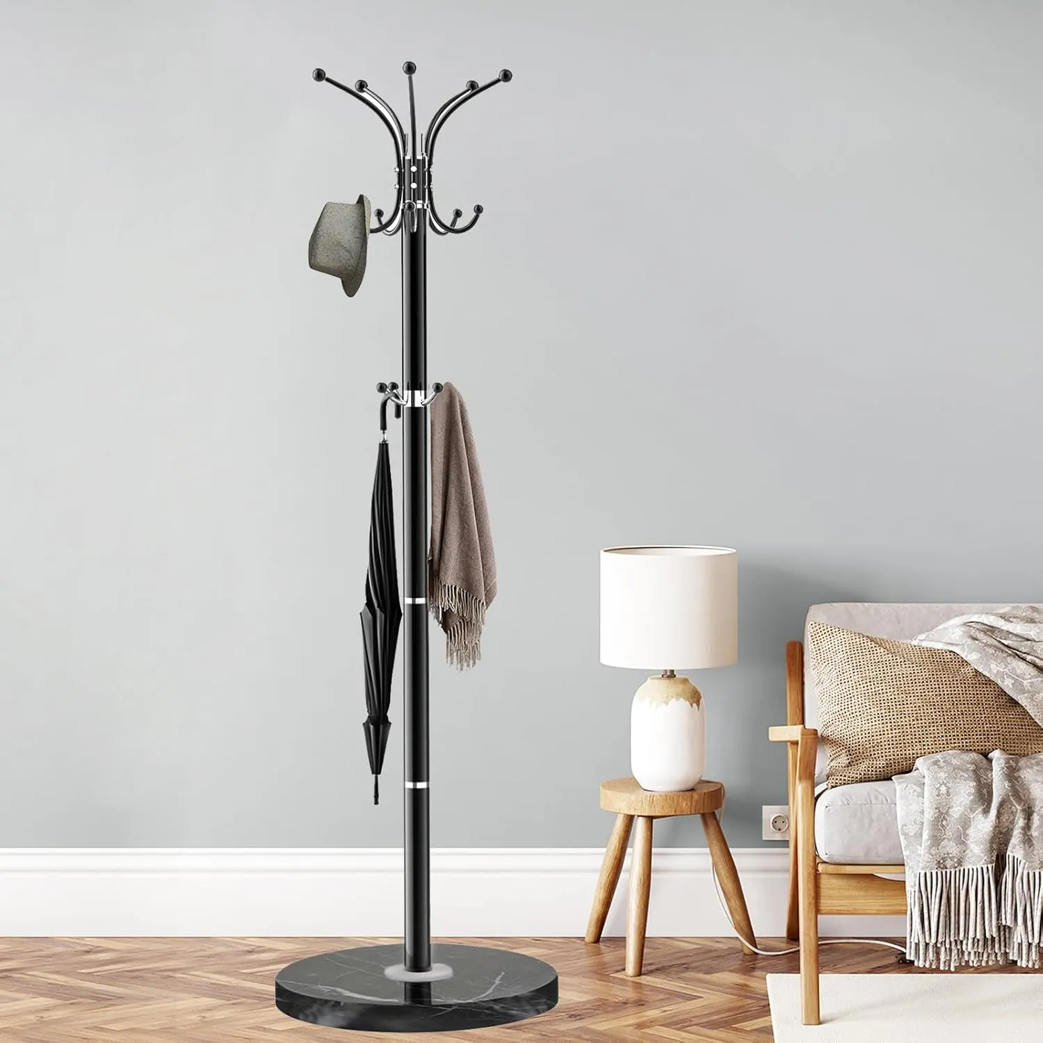 Metal Coat Rack Stand, Modern Coat Rack Freestanding with Natural Marble Base, 360° Rotary Design Coat Racks with 14 Hooks, Coat Tree for Bags, Hats, Entryway, Office