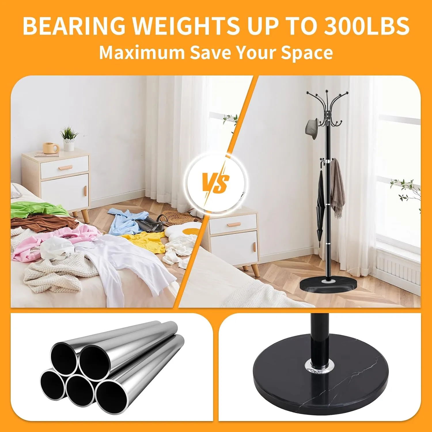 Metal Coat Rack Stand, Modern Coat Rack Freestanding with Natural Marble Base, 360° Rotary Design Coat Racks with 14 Hooks, Coat Tree for Bags, Hats, Entryway, Office