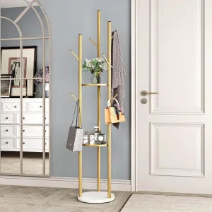 Metal Gold Coat Racks Freestanding, Coat Hanger Stand, Hall Tree Rack for Hanging Hats, Scarves, Bags, Modern Coat Rack with Double Shelves, Corner Coat Rack, 9 Hooks, Gold