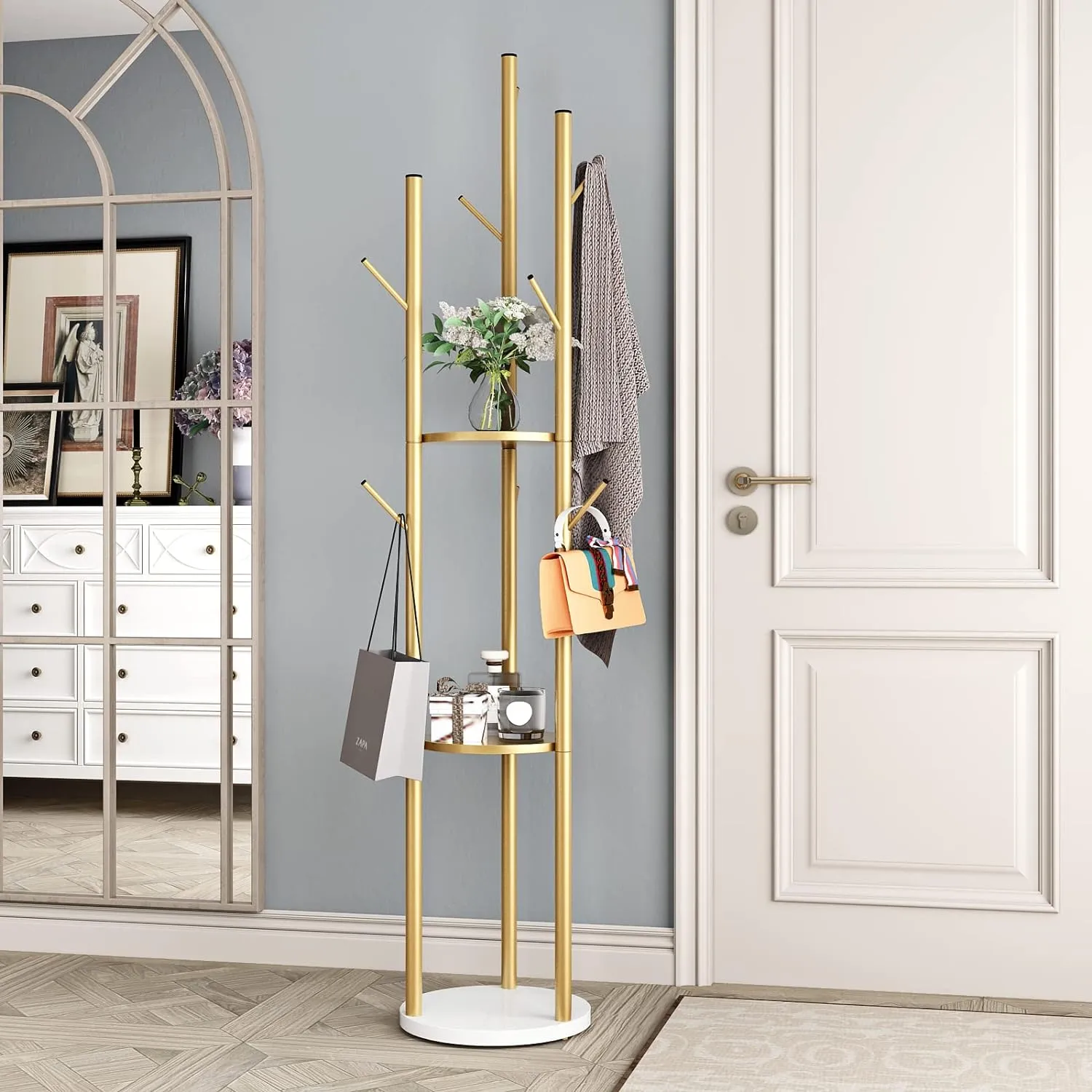 Metal Gold Coat Racks Freestanding, Coat Hanger Stand, Hall Tree Rack for Hanging Hats, Scarves, Bags, Modern Coat Rack with Double Shelves, Corner Coat Rack, 9 Hooks, Gold