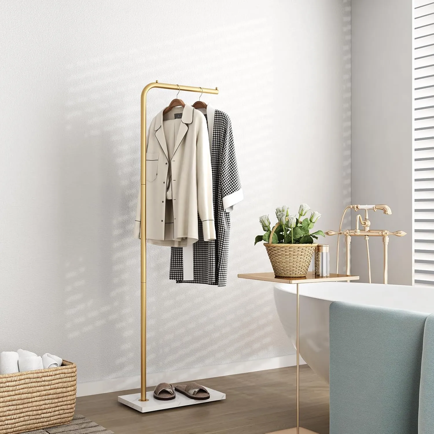 Metal Gold Coat Racks, Standing Coat Rack with Heavy Base, Modern Coat Tree with Crossbar and 3 Hooks, Entryway Coat Racks for Handbags, Clothing.(59inch)