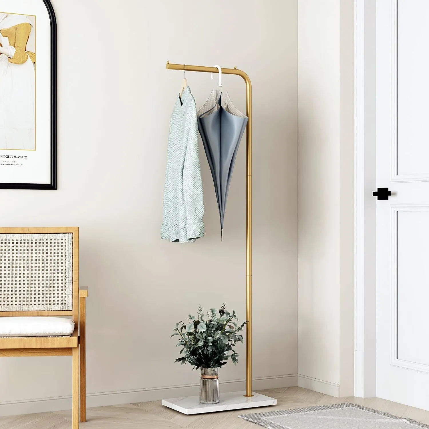 Metal Gold Coat Racks, Standing Coat Rack with Heavy Base, Modern Coat Tree with Crossbar and 3 Hooks, Entryway Coat Racks for Handbags, Clothing.(59inch)