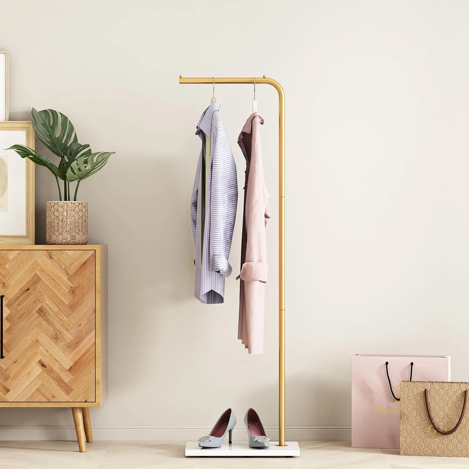 Metal Gold Coat Racks, Standing Coat Rack with Heavy Base, Modern Coat Tree with Crossbar and 3 Hooks, Entryway Coat Racks for Handbags, Clothing.(59inch)