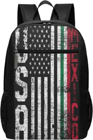 Mexican American Flag Casual Backpacks Sports Backpack Large Capacity Travel Rucksack Laptop Daypack with Multi-Pockets Adjustable Strap Work Bag for Hiking