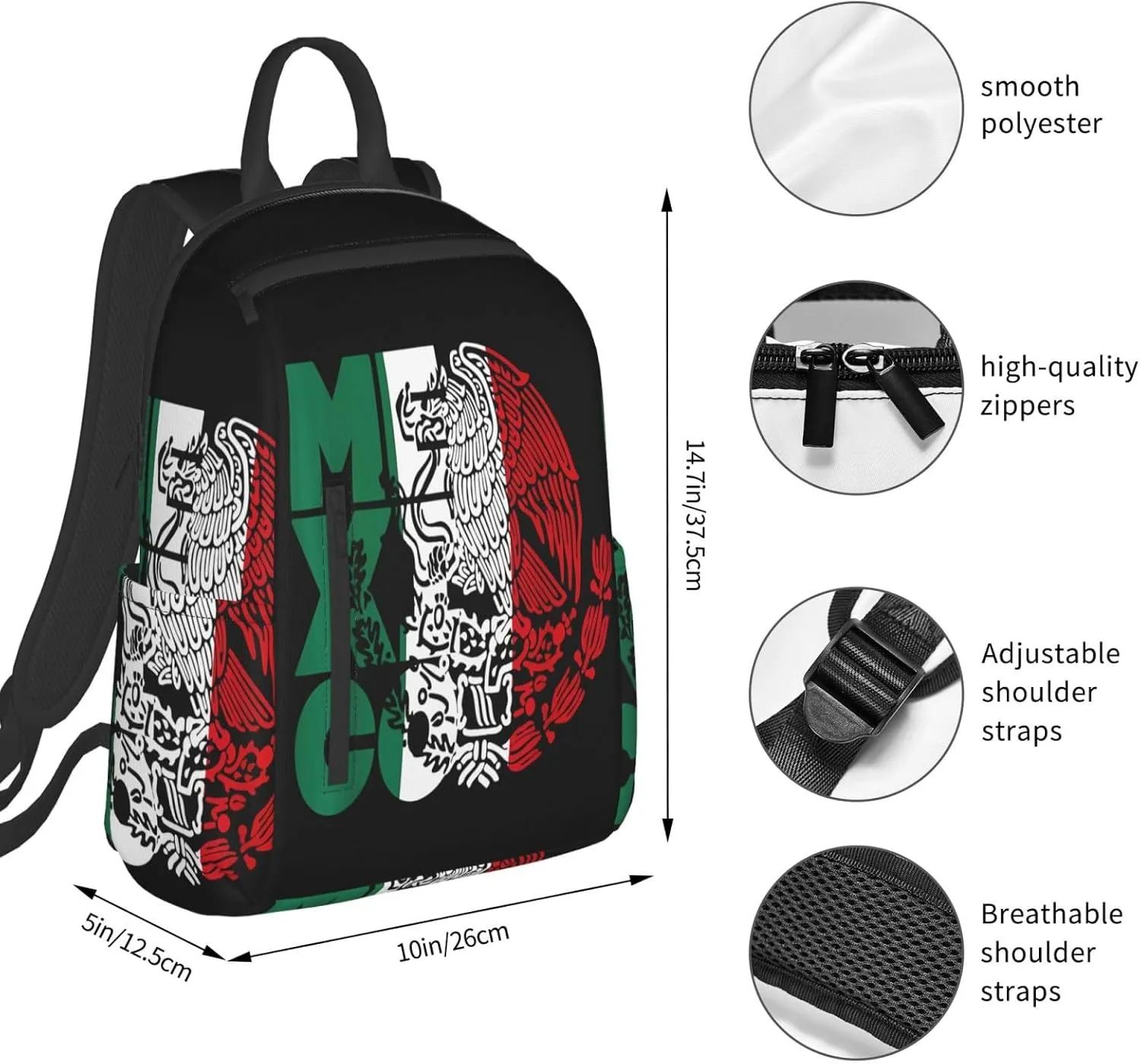 Mexico Mexican Eagle Flag Travel Backpacks Casual Laptop Backpack Sport Rucksack Large Capacity Daypack Multi-Pockets Adjustable Strap Bag for Working Hiking