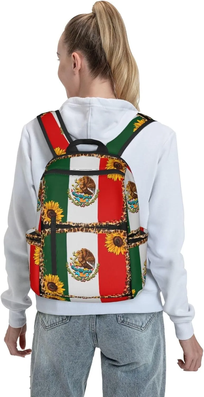 Mexico Mexican Eagle Sunflower Flag Travel Backpacks Casual Laptop Backpack Sport Rucksack Large Capacity Daypack Multi-Pockets Adjustable Strap Bag for Working Hiking