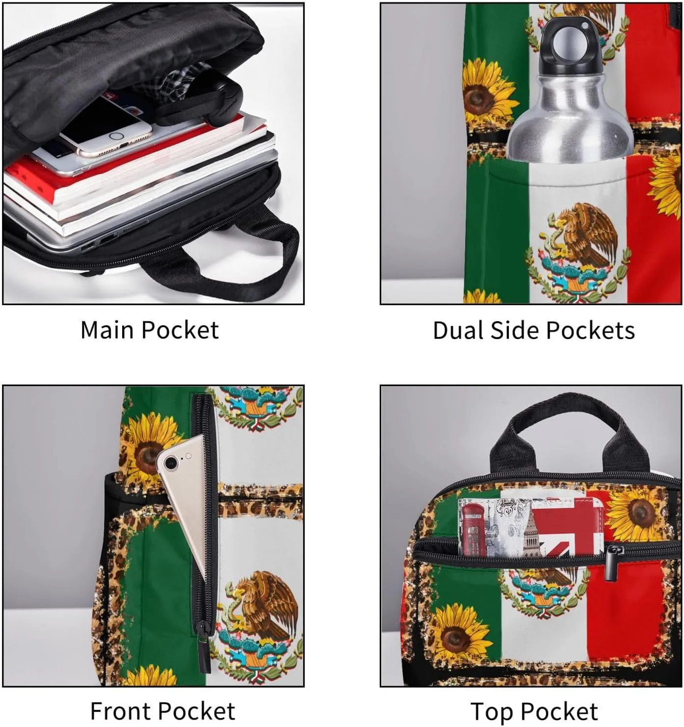Mexico Mexican Eagle Sunflower Flag Travel Backpacks Casual Laptop Backpack Sport Rucksack Large Capacity Daypack Multi-Pockets Adjustable Strap Bag for Working Hiking