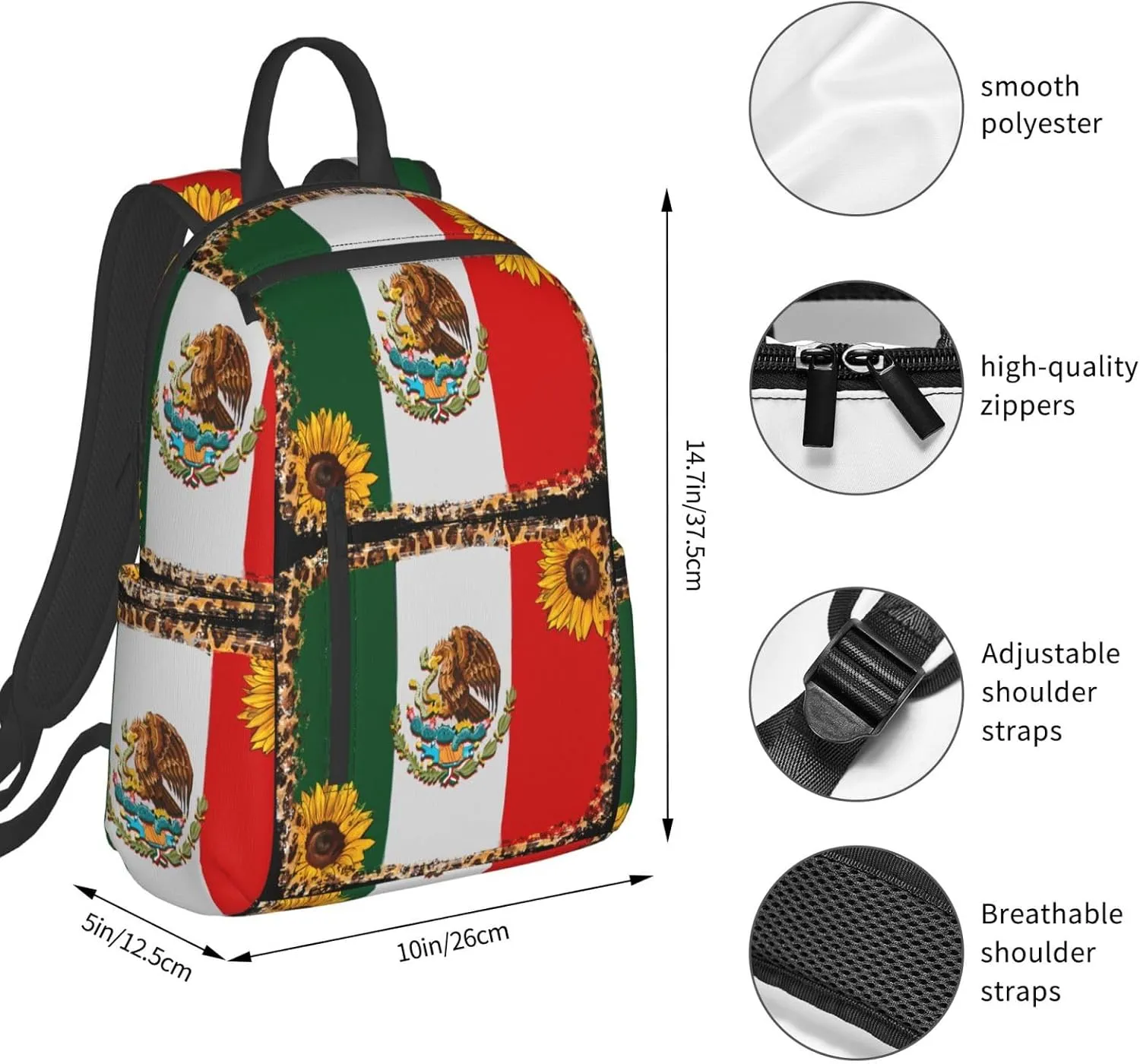 Mexico Mexican Eagle Sunflower Flag Travel Backpacks Casual Laptop Backpack Sport Rucksack Large Capacity Daypack Multi-Pockets Adjustable Strap Bag for Working Hiking