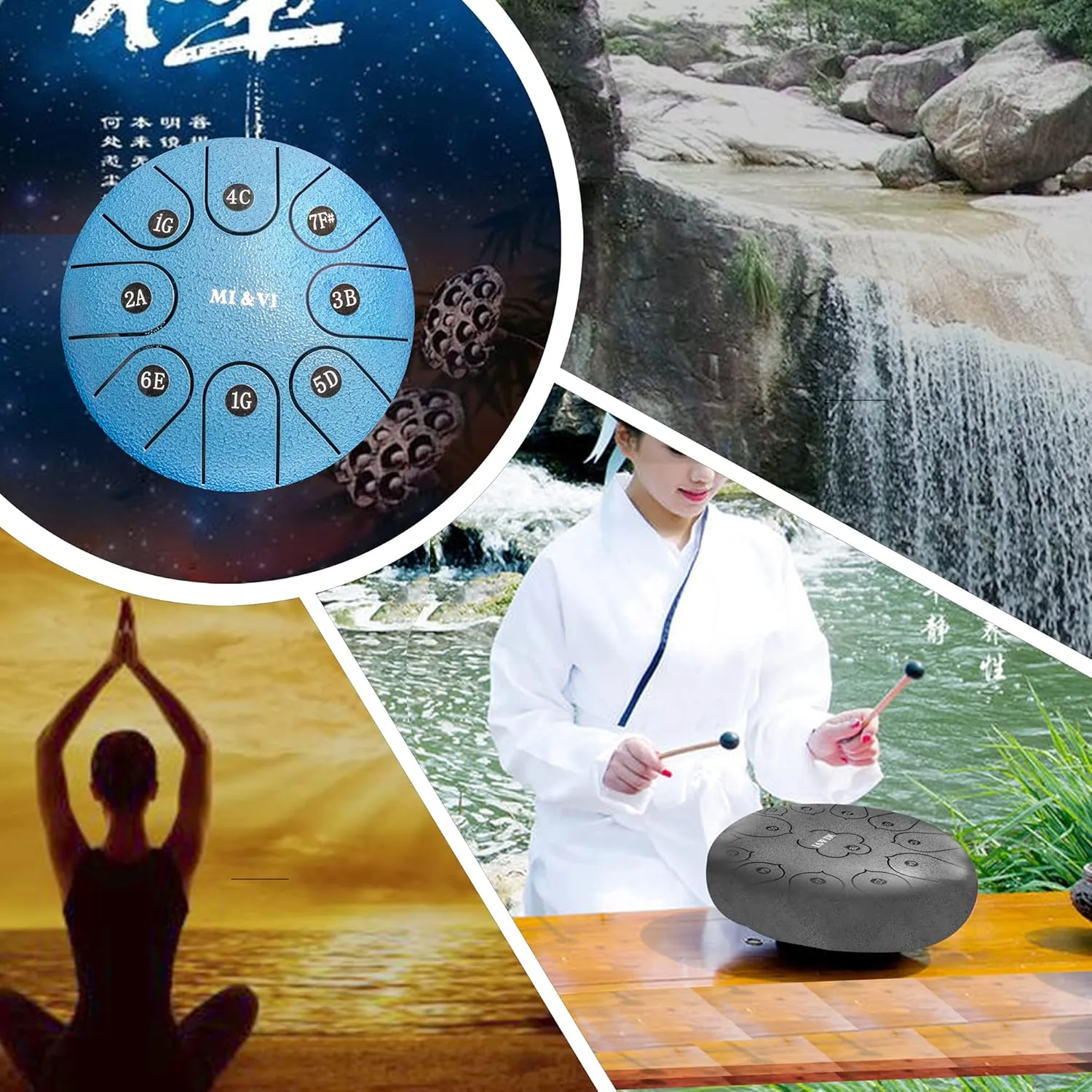 MI&VI Ocean Rain Drum for Outside Garden (8 Notes 6 Inches) with Mallets & Padded Travel Bag Included | Chakra Tank | Steel Tongue Drum | Chime Meditation (Steel Blue)