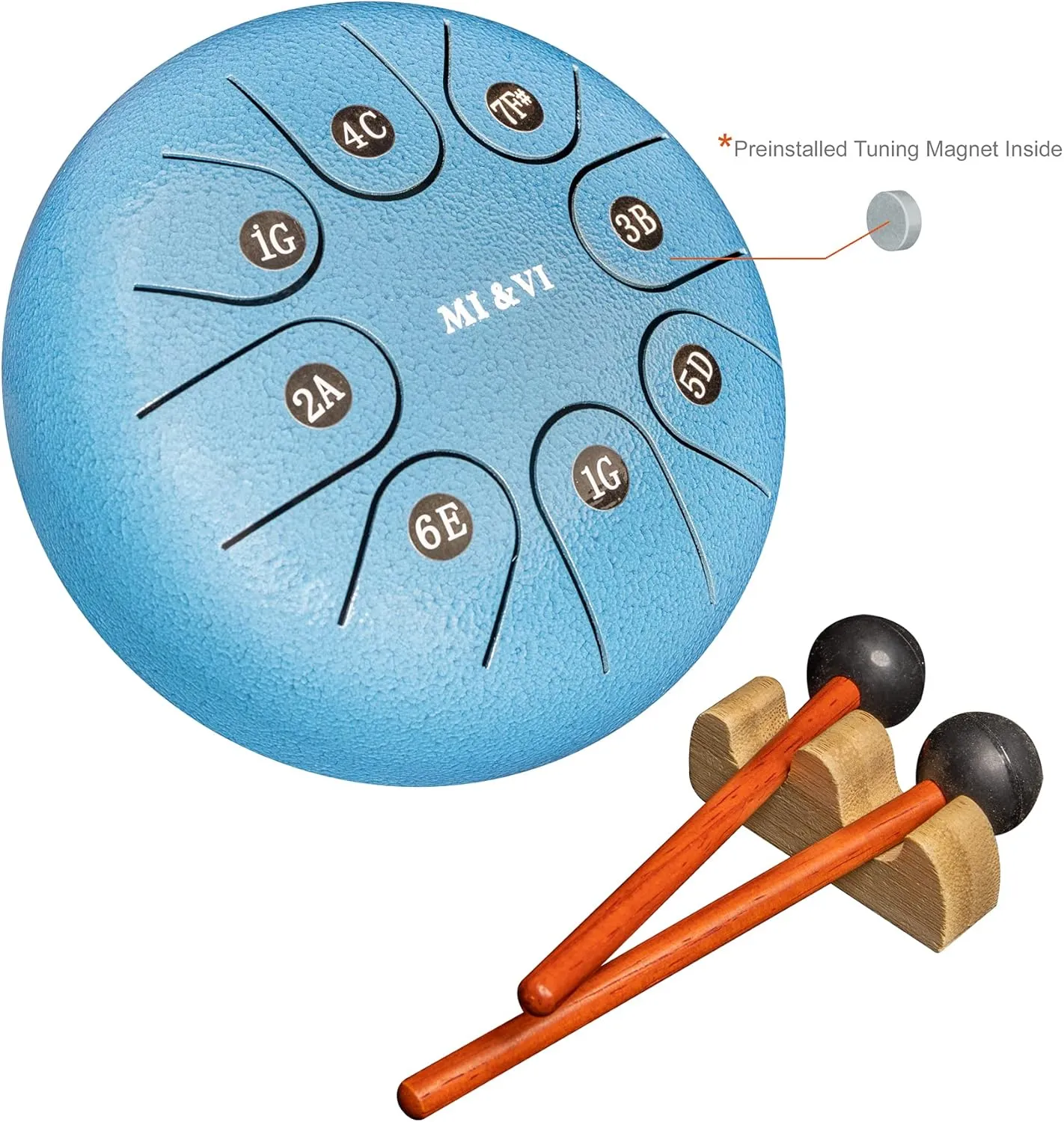 MI&VI Ocean Rain Drum for Outside Garden (8 Notes 6 Inches) with Mallets & Padded Travel Bag Included | Chakra Tank | Steel Tongue Drum | Chime Meditation (Steel Blue)