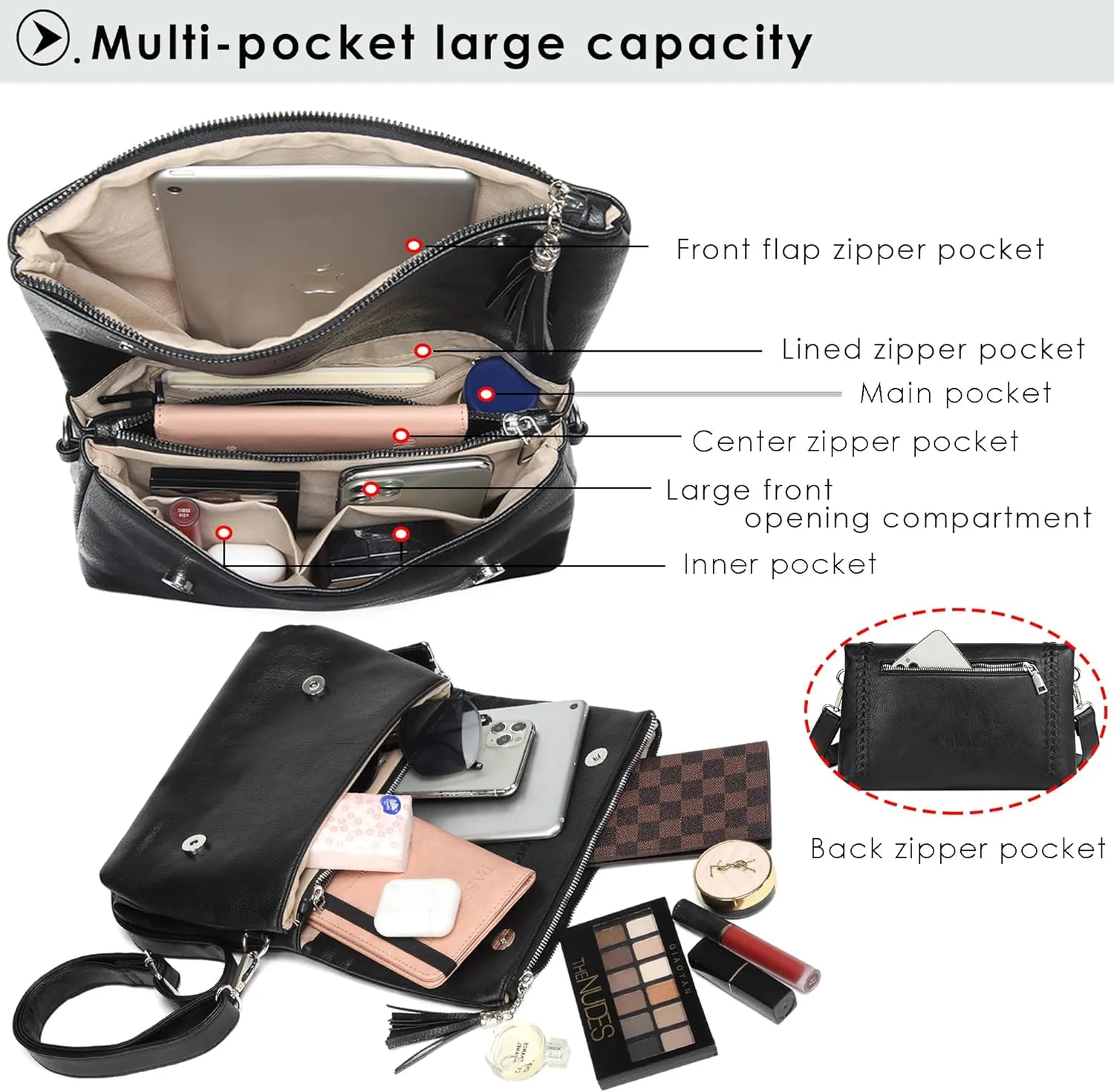 Micmores Crossbody Bags for Women Crossbody Purse Vegan Leather Purse Shoulder Handbags With 2 shoulder straps