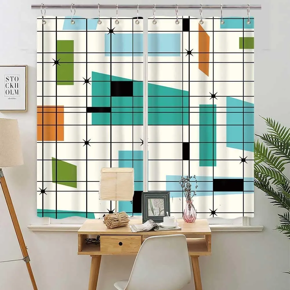 Mid Century Abstract Geometric Curtains, Teal Retro Grid Starbursts MCM Curtain Set with Hooks (42X63)