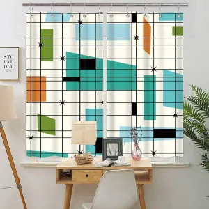 Mid Century Abstract Geometric Curtains, Teal Retro Grid Starbursts MCM Curtain Set with Hooks (42X63)