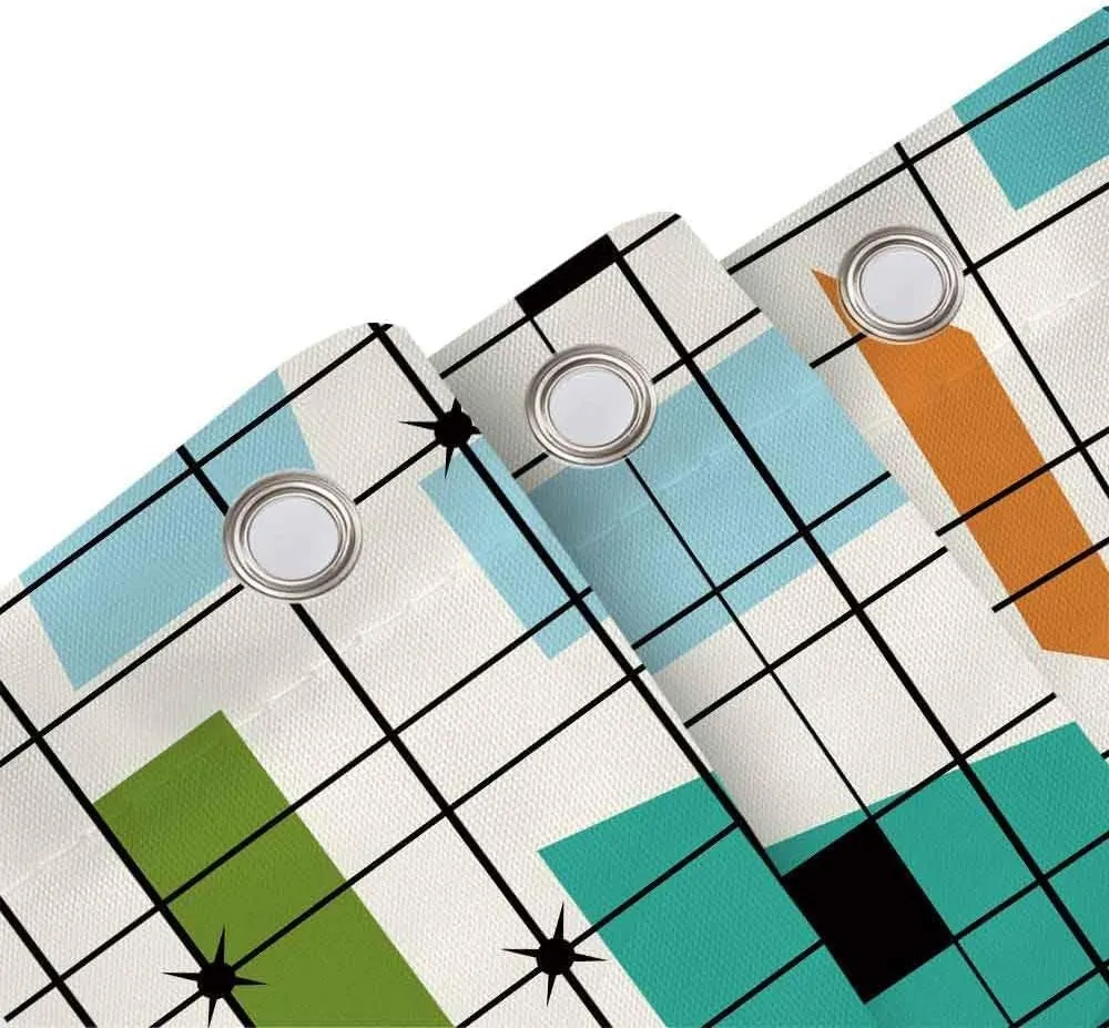 Mid Century Abstract Geometric Curtains, Teal Retro Grid Starbursts MCM Curtain Set with Hooks (42X63)