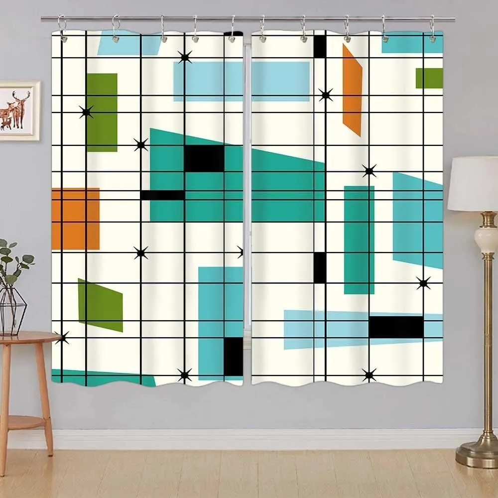 Mid Century Abstract Geometric Curtains, Teal Retro Grid Starbursts MCM Curtain Set with Hooks (42X63)