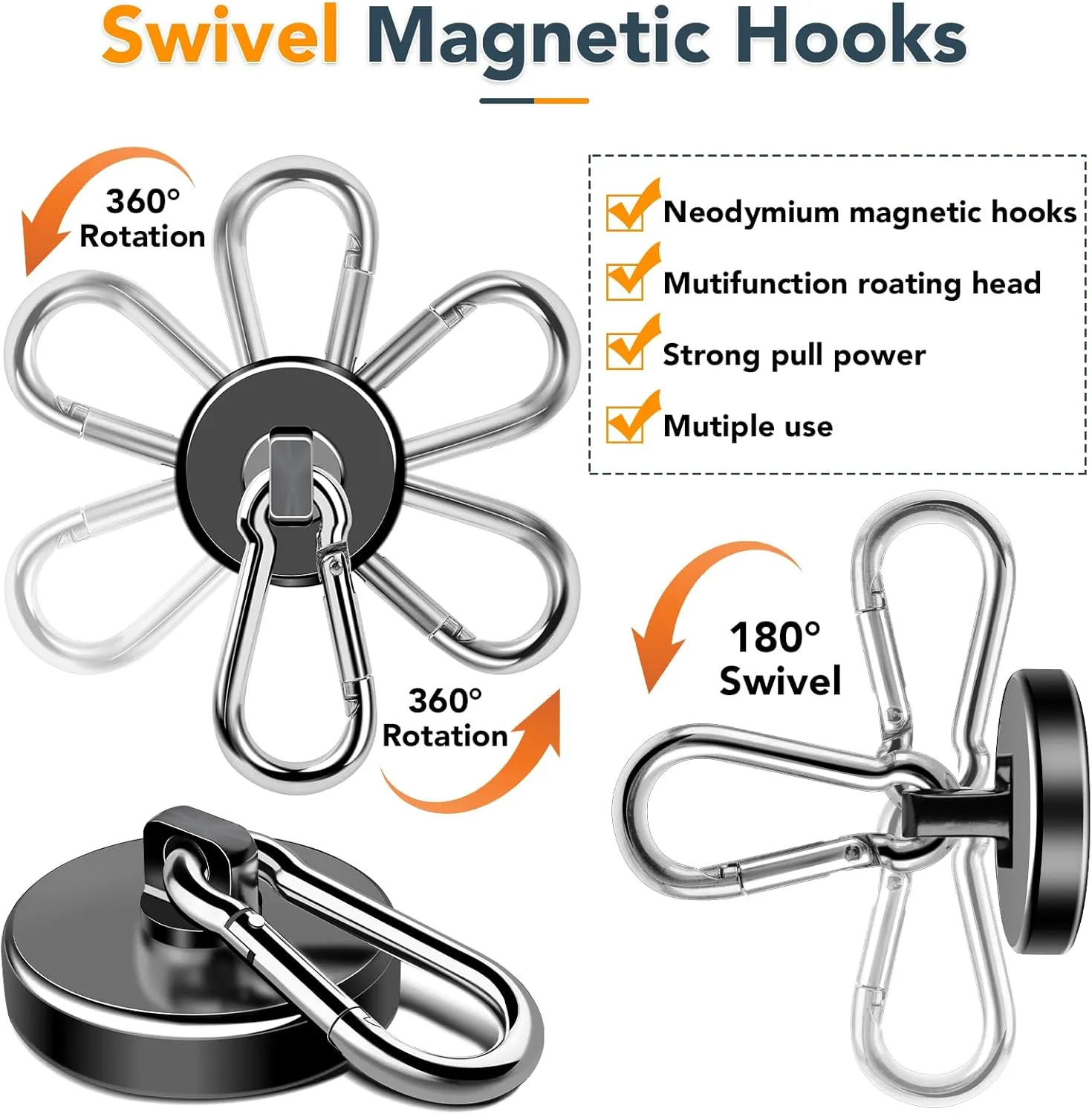 MIKEDE Strong Magnetic Hooks, 150LB Neodymium Black Magnets Heavy Duty with Swivel Carabiner Hook, Magnets with Hooks for Locker, Kitchen, Cruise Cabin, Office - 10 Pack