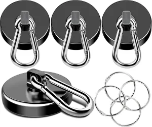 MIKEDE Strong Magnetic Hooks Heavy Duty, 200LBS  Black Swivel Neodymium Magnets with Carabiner Hook, Hooks for Hanging, Curtain - 4 Pack