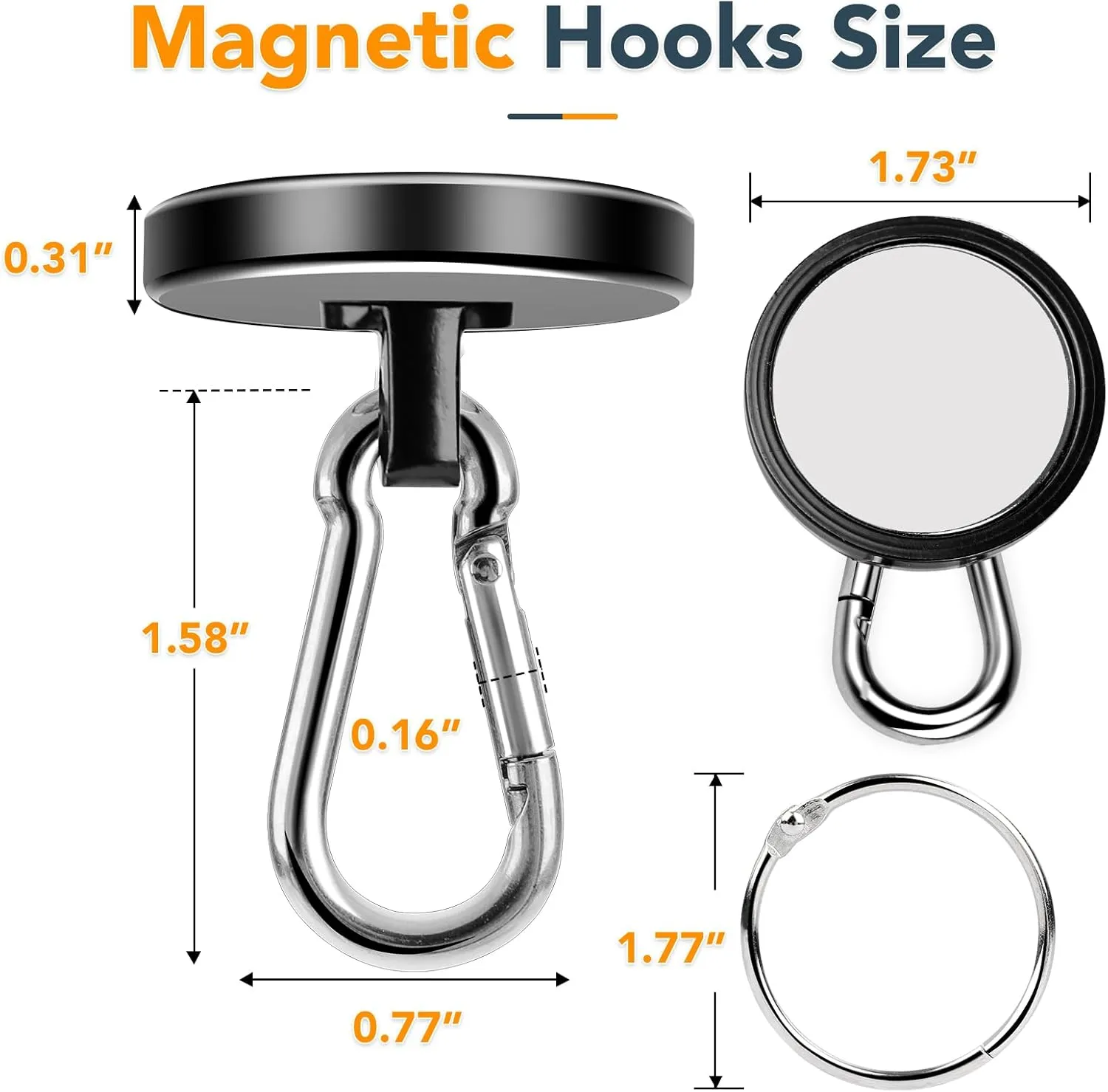 MIKEDE Strong Magnetic Hooks Heavy Duty, 200LBS  Black Swivel Neodymium Magnets with Carabiner Hook, Hooks for Hanging, Curtain - 4 Pack