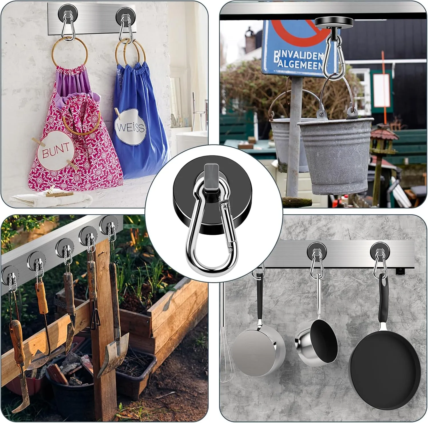 MIKEDE Strong Magnetic Hooks Heavy Duty, 200LBS  Black Swivel Neodymium Magnets with Carabiner Hook, Hooks for Hanging, Curtain - 4 Pack