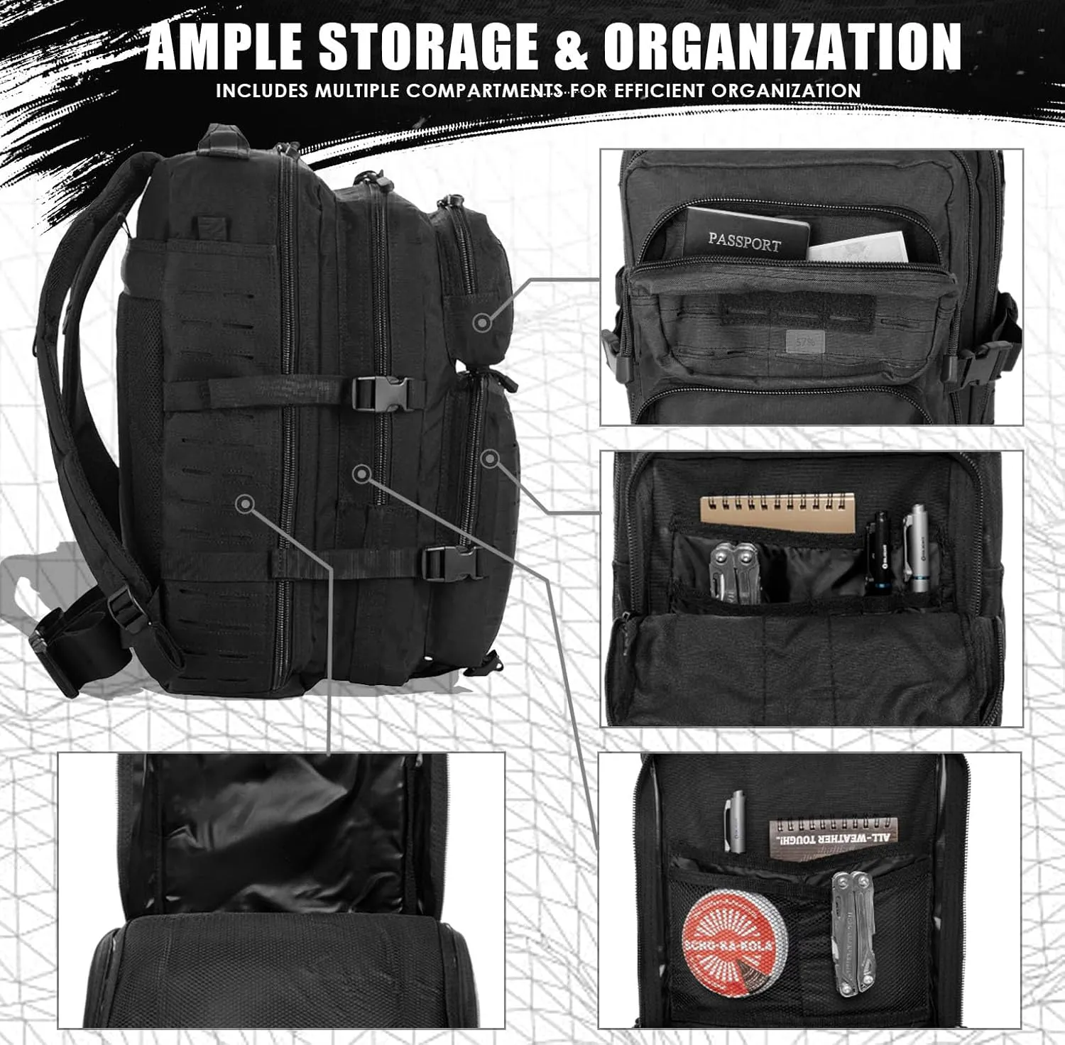 Military Tactical Backpack for Men 35L Small Molle System Water Resistant 3 Day Survival Assault Pack for Bug Out Bag Rucksack Travel Hiking Camping Gym Range Trekking Hunting Sport Work (Black)