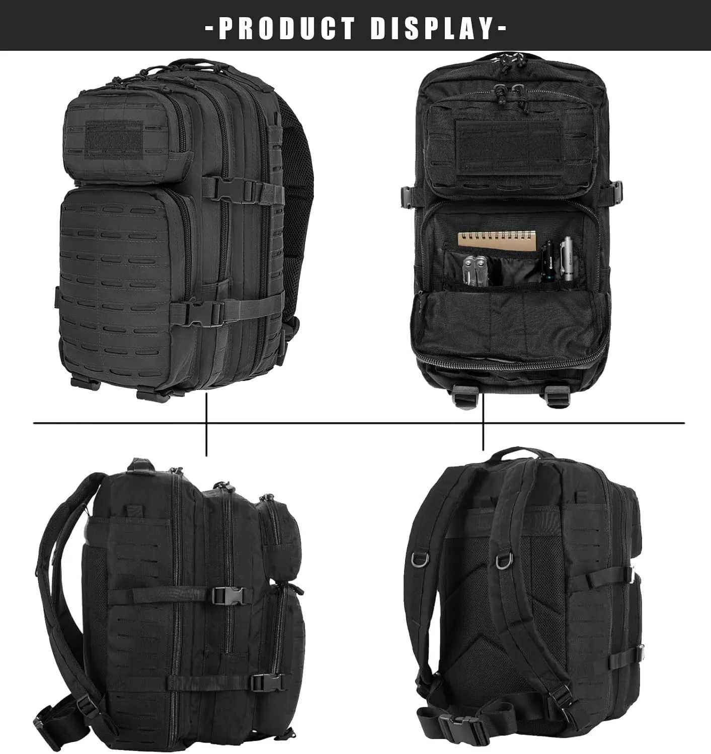 Military Tactical Backpack for Men 35L Small Molle System Water Resistant 3 Day Survival Assault Pack for Bug Out Bag Rucksack Travel Hiking Camping Gym Range Trekking Hunting Sport Work (Black)