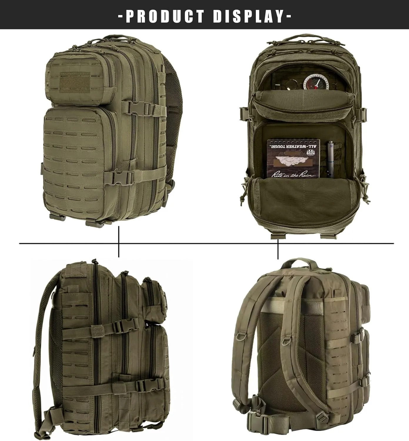 Military Tactical Backpack for Men 35L Small Molle System Water Resistant 3 Day Survival Assault Pack for Bug Out Bag Rucksack Travel Hiking Camping Gym Range Trekking Hunting Sport Work (Green)