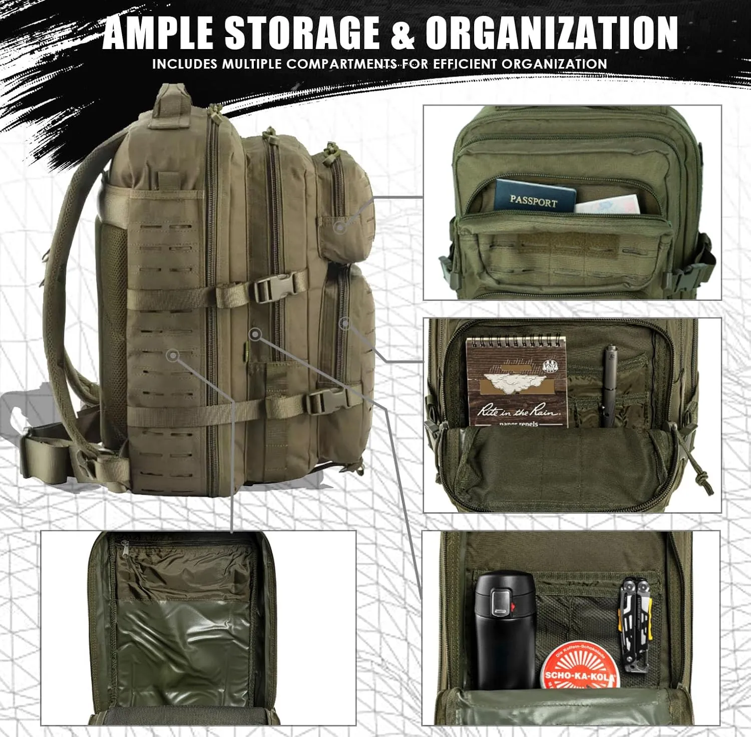Military Tactical Backpack for Men 35L Small Molle System Water Resistant 3 Day Survival Assault Pack for Bug Out Bag Rucksack Travel Hiking Camping Gym Range Trekking Hunting Sport Work (Green)