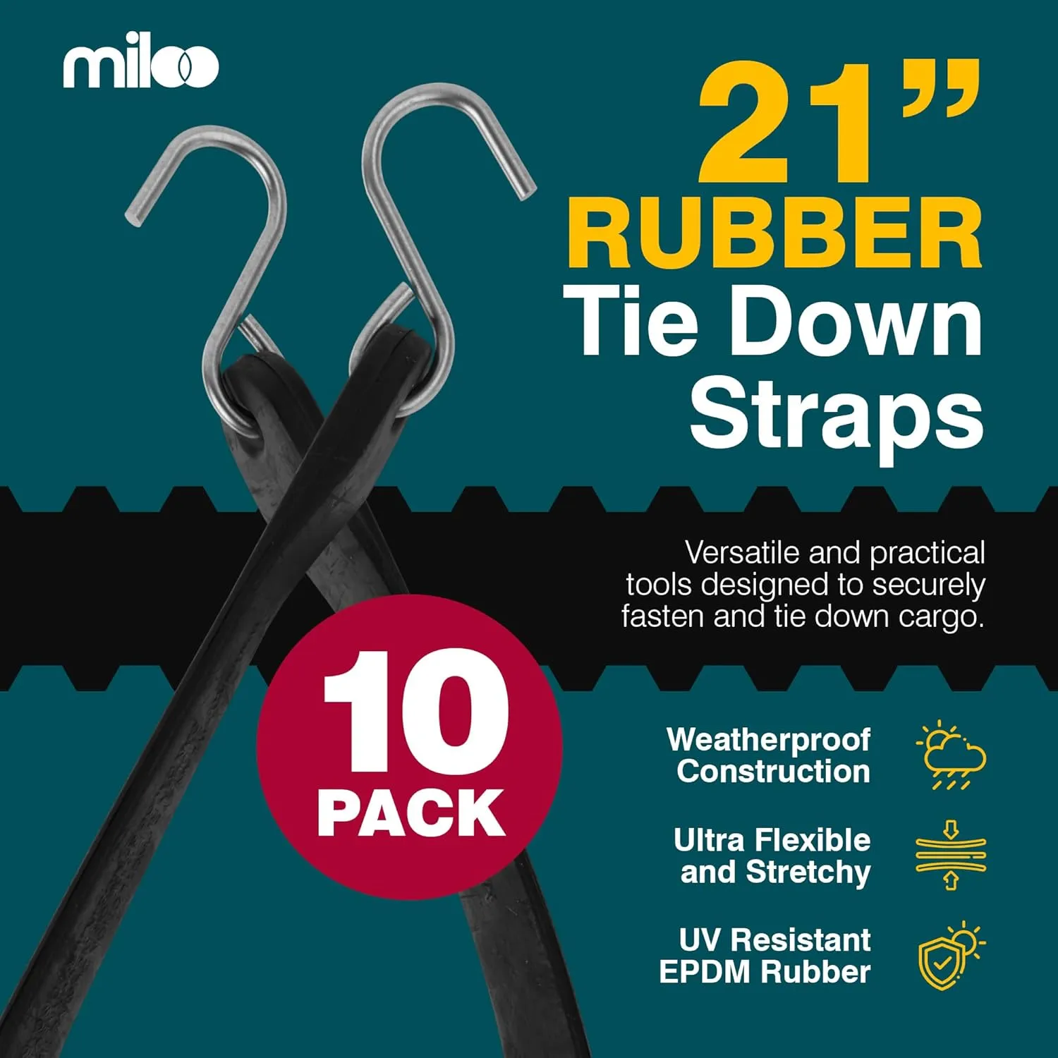 Miloo Rubber Bungee Cords with Hooks - Heavy Duty Tarp and Cargo Straps - Made in USA - 21 Inch Pack of 10