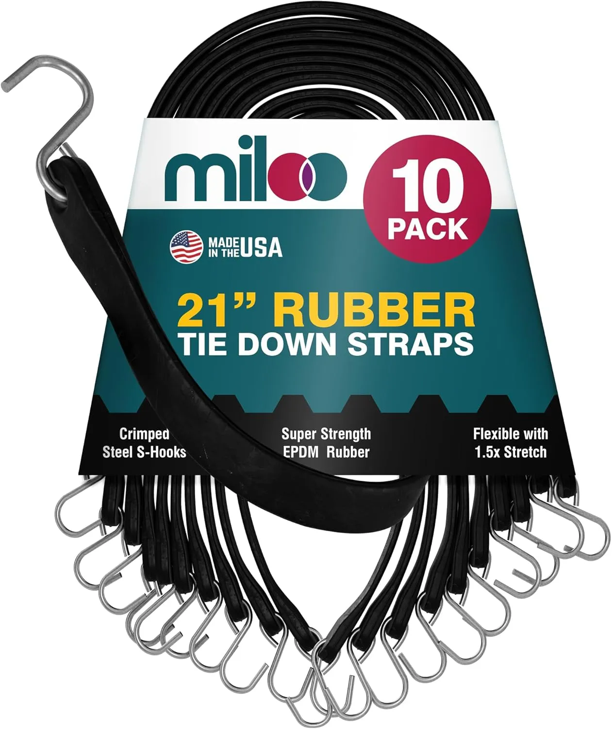 Miloo Rubber Bungee Cords with Hooks - Heavy Duty Tarp and Cargo Straps - Made in USA - 21 Inch Pack of 10