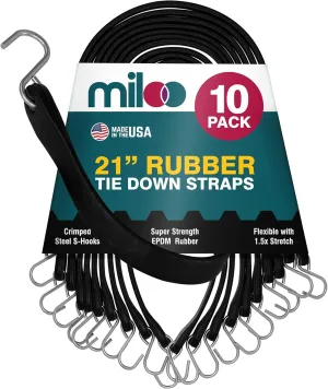 Miloo Rubber Bungee Cords with Hooks - Heavy Duty Tarp and Cargo Straps - Made in USA - 21 Inch Pack of 10