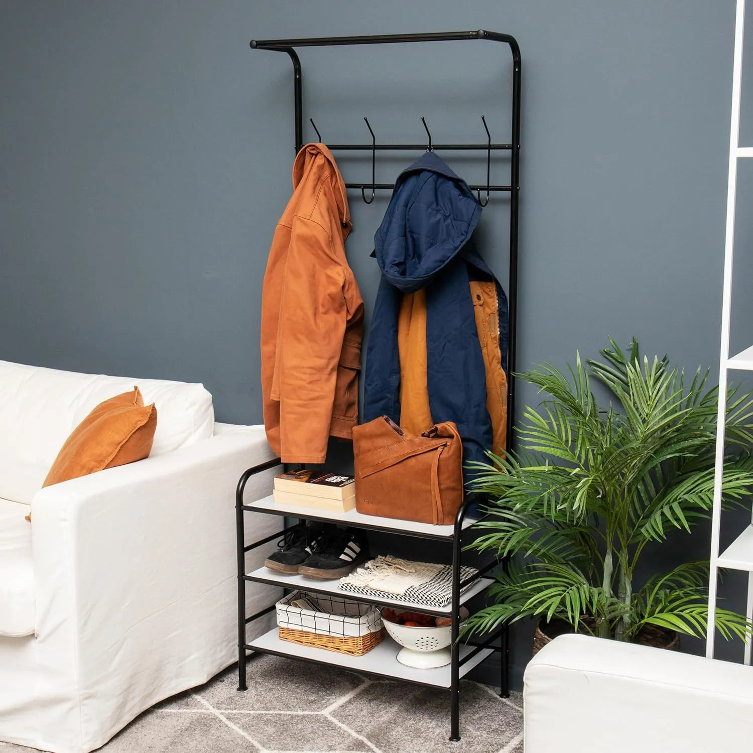 Mind Reader Coat and Shoe Rack, Hall Tree, Freestanding , Coat Tree, Hat, Jacket, Purse, Metal, 24"L x 12.5"W x 65"H, Black
