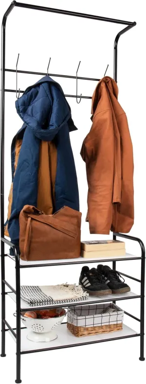 Mind Reader Coat and Shoe Rack, Hall Tree, Freestanding , Coat Tree, Hat, Jacket, Purse, Metal, 24"L x 12.5"W x 65"H, Black
