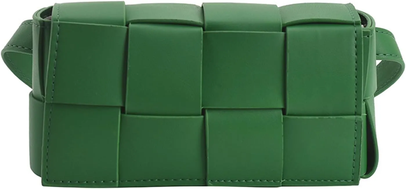 Mini Fanny Pack for Women with Convertible Crossbody Shoulder Bag, Woven Cassette-Style Handbag Purse 7.3 * 4 * 2.6 Inch, Green