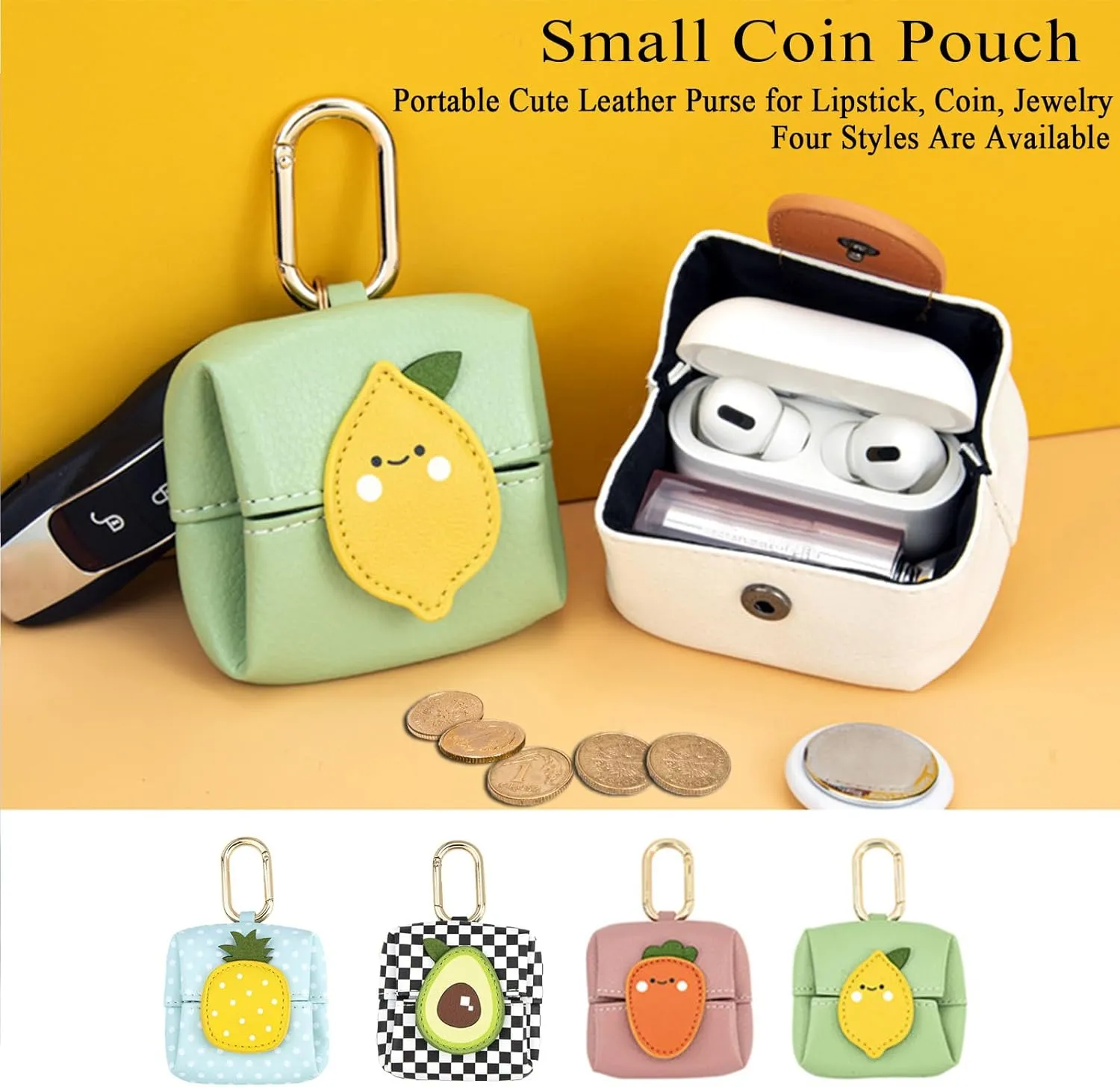 Mini Pouch Keychain PU Leather Storage Bag for Airpods Earbud Pouch Foldable Cartoon Headphone Case Leather Coin Pouch Keychain Small Coin Purse for Men Women