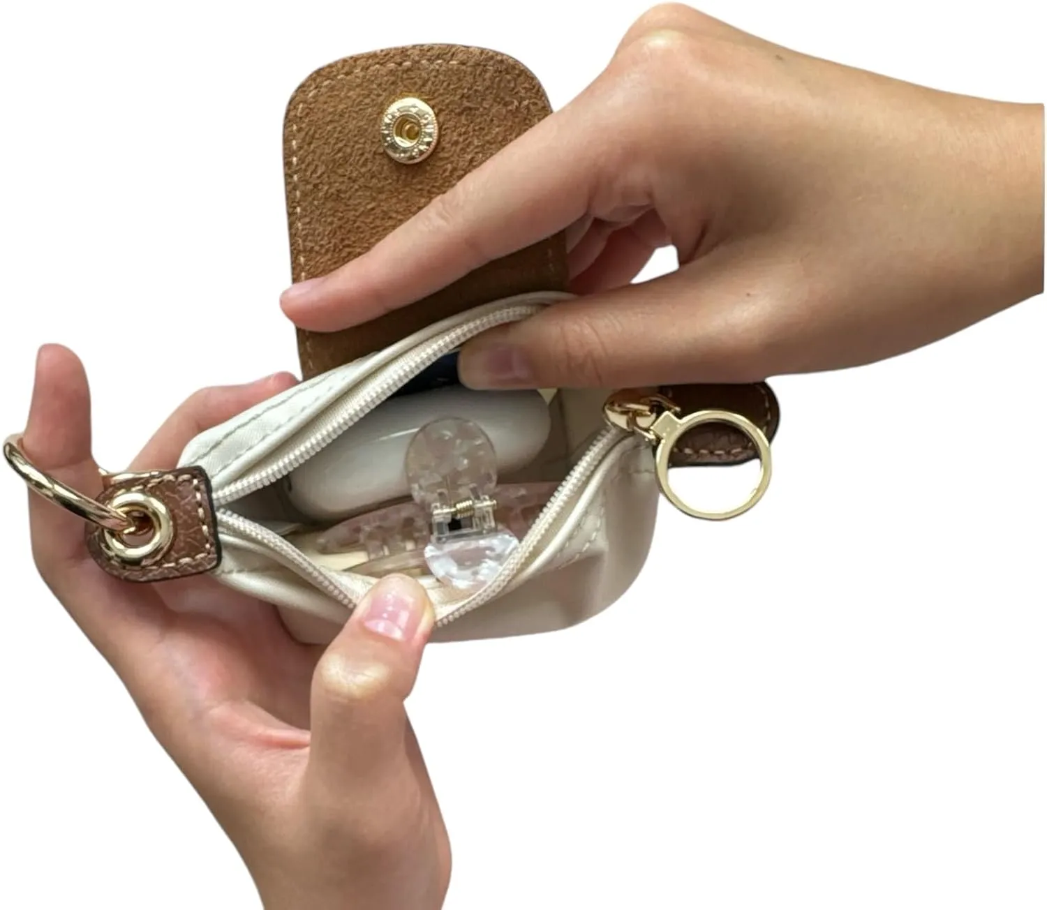 Mini Zipper Pouch Keychain | Coin Purse | Pouch for Essentials | Functional | Keychain | Bag Charm | Card Holder | Cash Pouch | Genuine Leather and Nylon (Cream)