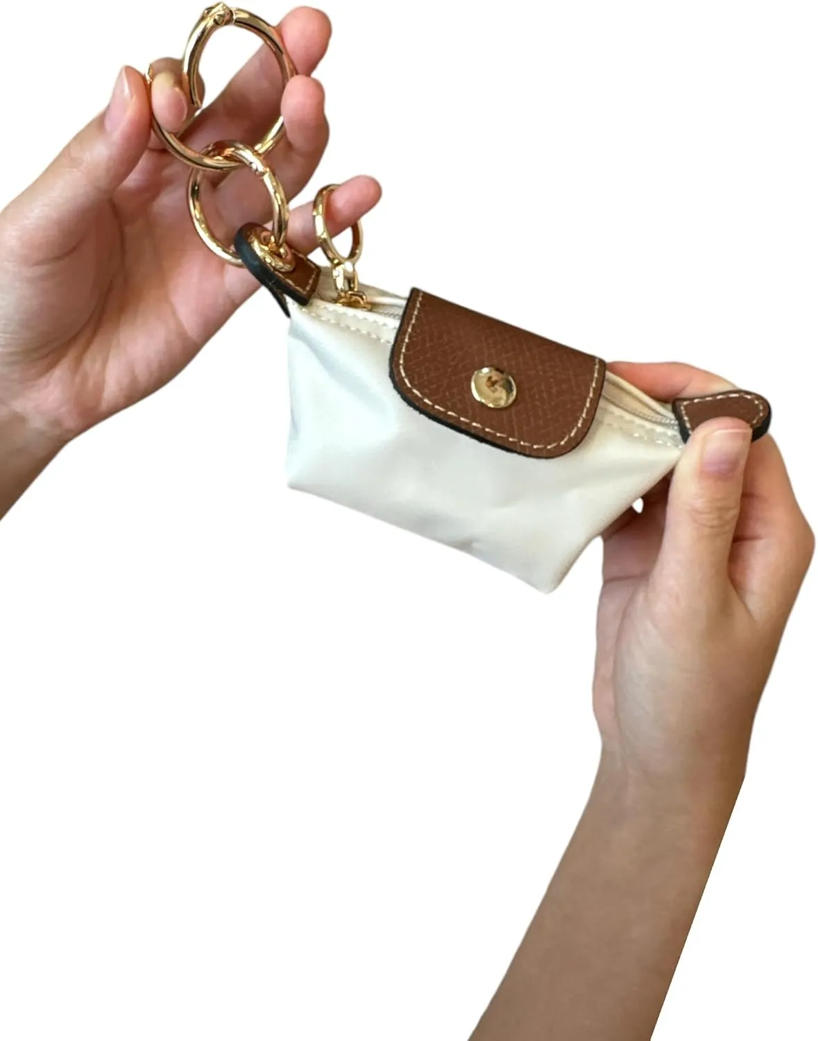Mini Zipper Pouch Keychain | Coin Purse | Pouch for Essentials | Functional | Keychain | Bag Charm | Card Holder | Cash Pouch | Genuine Leather and Nylon (Cream)