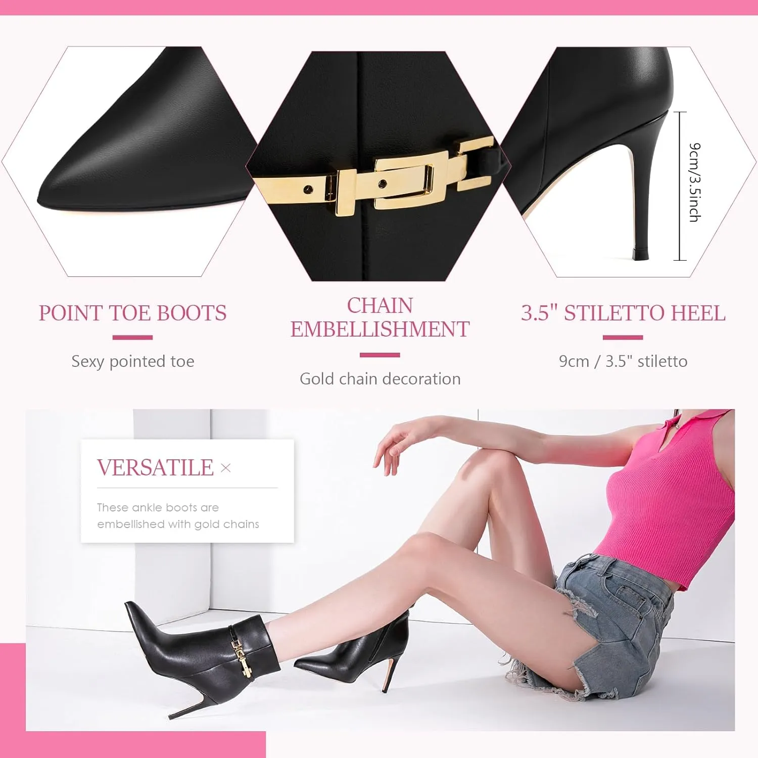 MIRAAZZURRA Ankle Boots for Women Pointed Toe Stiletto High Heel Sexy Ankle Booties with Chain Side Zipper for Party Date Dress