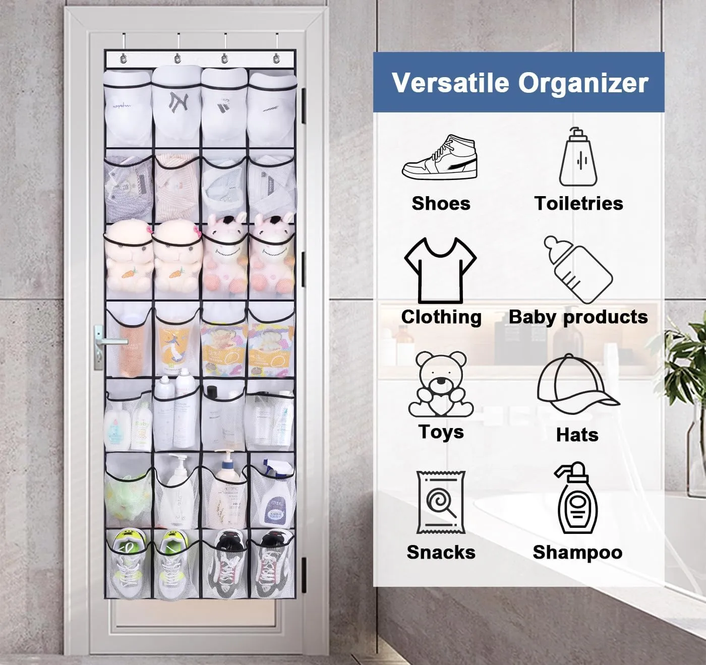 MISSLO 28 Large Pockets Over The Door Shoe Rack Hanging Shoe Organizer for Closet Door Shoe Storage Holder Mesh Hanger, White