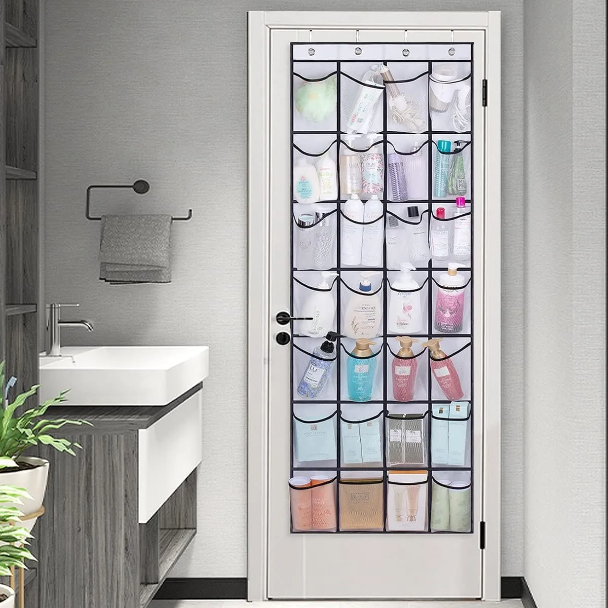 MISSLO 28 Large Pockets Over The Door Shoe Rack Hanging Shoe Organizer for Closet Door Shoe Storage Holder Mesh Hanger, White