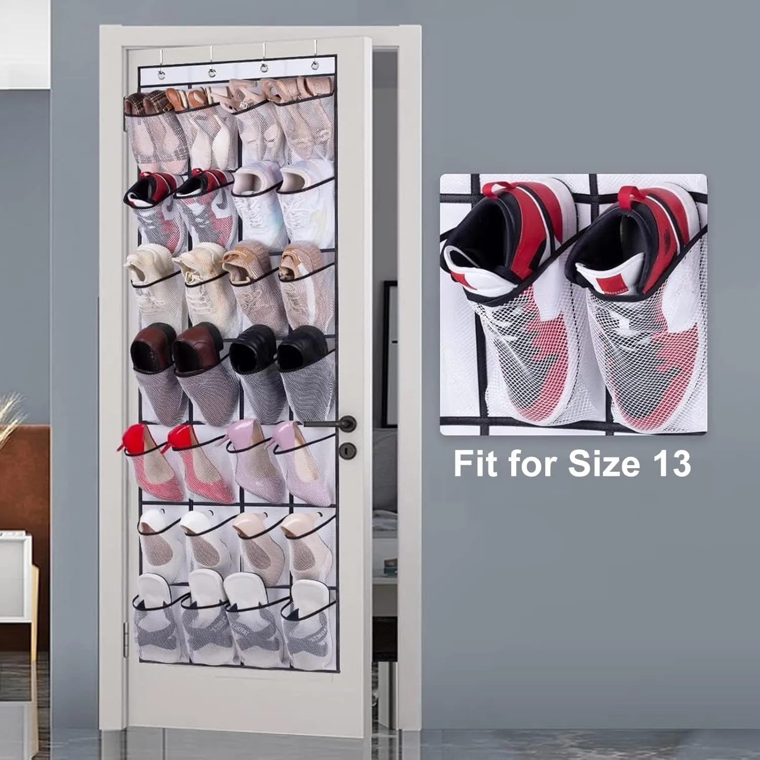 MISSLO 28 Large Pockets Over The Door Shoe Rack Hanging Shoe Organizer for Closet Door Shoe Storage Holder Mesh Hanger, White