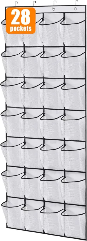 MISSLO 28 Large Pockets Over The Door Shoe Rack Hanging Shoe Organizer for Closet Door Shoe Storage Holder Mesh Hanger, White