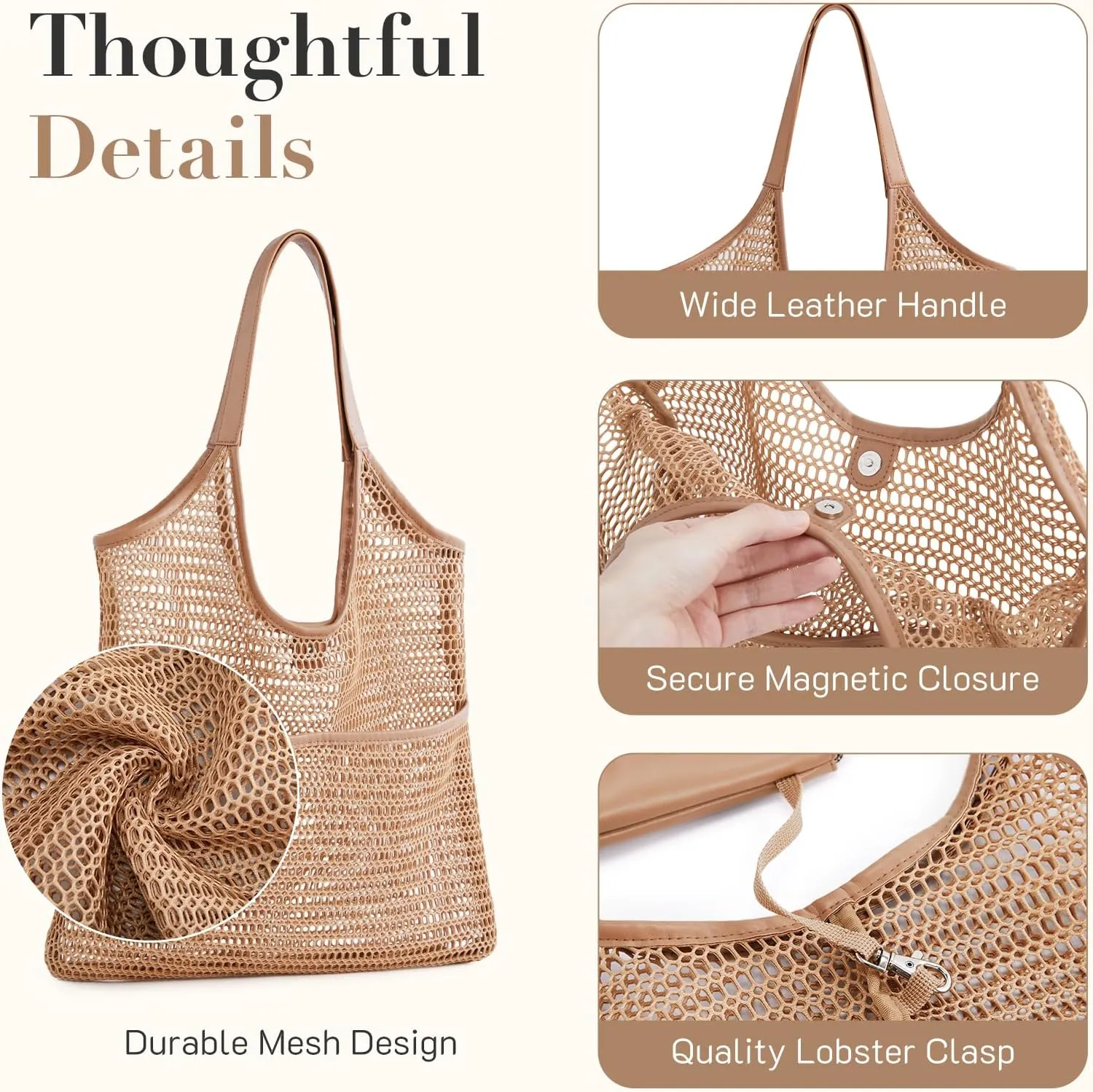 Missnie Women Mesh Beach Bag - Sandproof Foldable Summer Tote Leather Hobo Purse with Pouch for Vacation, Travel Essentials