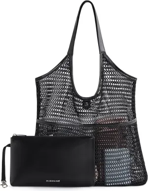 Missnie Women Mesh Beach Bag - Sandproof Foldable Summer Tote Leather Hobo Purse with Pouch for Vacation, Travel Essentials
